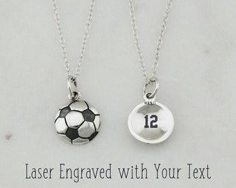Personalized Sterling Silver Soccer Ball Charm Necklace - 925 Sterling Silver- Engraved with Jersey Number -  18" Chain
