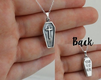 Personalized Engraved Coffin Locket Necklace - 925 Sterling Silver - 18" Cable Chain - Custom Text, Name, Date, Saying, Initials, Logo