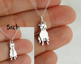 Personalized Pit Bull Necklace - 925 Sterling Silver- Engraved Custom Dog Name, Initials, Dates 18" Chain