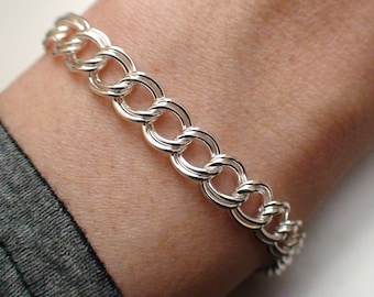 7" or 8" Sterling Silver Double Link Charm Bracelet - 6.9mm wide, Lobster Claw Clasp