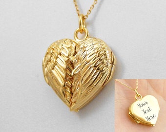Engraved Angel Wing Heart Locket Necklace - Gold Plated 925 Sterling Silver- Personalized Custom Text Memorial Memory Keepsake