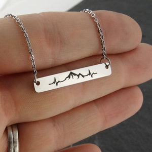 Engraved Stainless Steel Mountain Range Heartbeat Bar Necklace - 32mm x 5mm Pendant with 18&quot; Chain