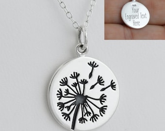 Personalized Dandelion Charm Necklace - 925 Sterling Silver- Engraved Custom Text on Back 18 Inch Chain Strength Wishes Faith