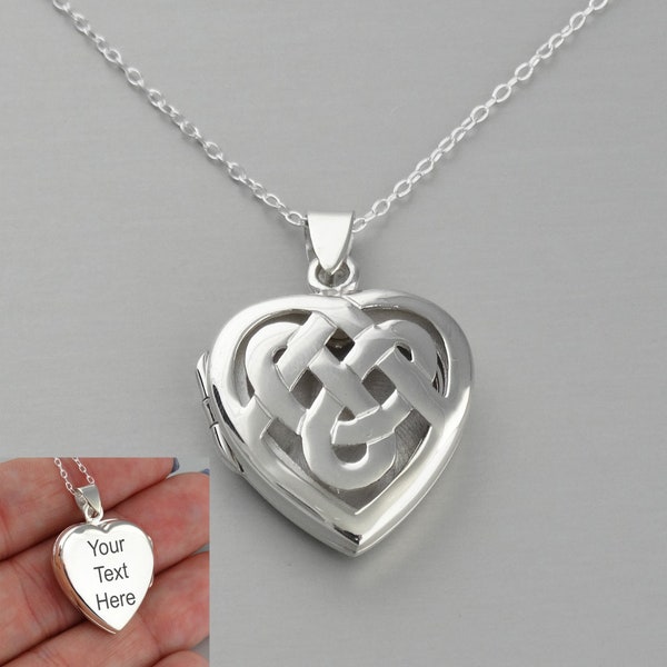 Engraved Celtic Knot Heart Locket Necklace - 925 Sterling Silver- Personalized Custom Text - 18" Sterling Chain