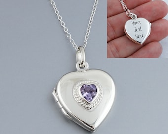 Personalized Sterling Silver Heart Locket Necklace: Purple Glass, Laser Engraved Pendant