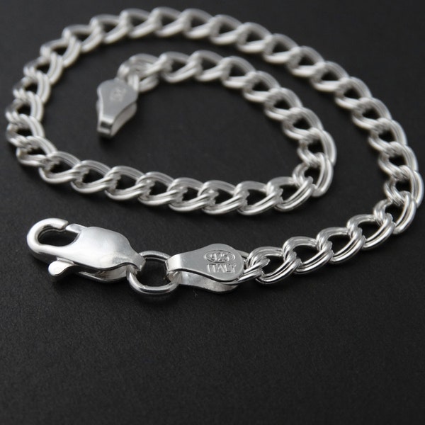 7" or 8" Sterling Silver Double Link Charm Bracelet - 4mm wide, Lobster Claw Clasp