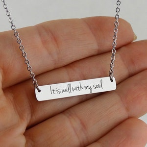 Stainless Steel &quot;It Is Well With My Soul&quot; Engraved Bar Necklace, Psalm 46:1-3 Pendant with 18&quot; Chain