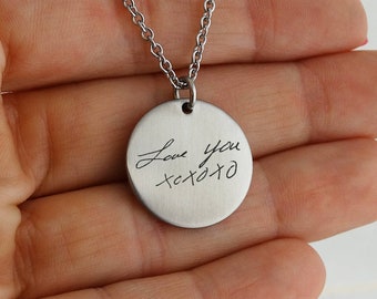 Personalized Handwriting Circle Pendant Necklace - Stainless Steel - 18" Chain Engraved Text