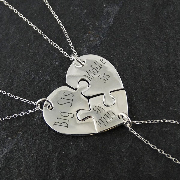 Engraved Big Sis, Middle Sis, Little Sis Pendant Necklace - 925 Sterling Silver - Puzzle Piece Heart Fits Together
