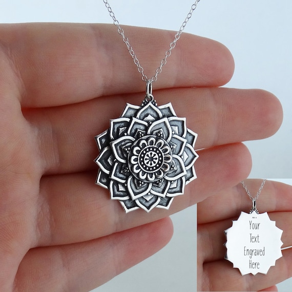 Personalized Lotus Mandala Charm Necklace Sterling Silver Pendant With 18 Chain Custom Engraving Etsy Canada
