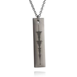 Personalized Stainless Steel Sound Wave Vertical Bar Necklace - 40mm x 10mm Custom Pendant with 18&quot; Chain