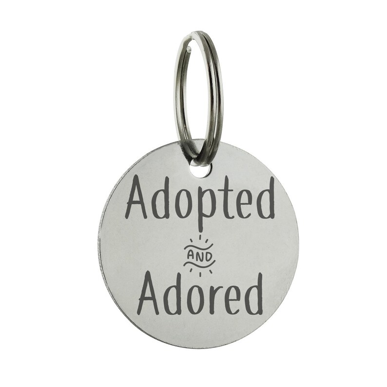 May include: Silver dog tag with the text "Adopted and Adored" engraved on it. The tag has a key ring attached.