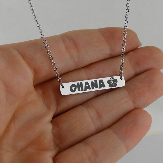 Stainless Steel Ohana Engraved Bar Necklace 32mm x 5mm Pendant with 18 Chain