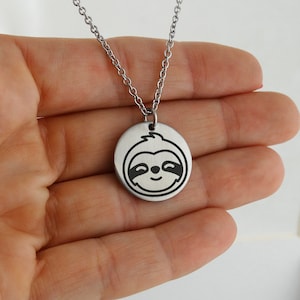 Cute Lil&#39; Sloth Engraved Stainless Steel Pendant Charm Necklace, 18&quot; - Sloth Jewelry for Adults or Kids