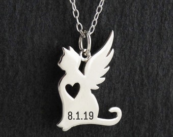 Custom Engraved Angel Cat Charm Necklace - 925 Sterling Silver - Personalized with Custom Date Name Memorial Memory Pendant 18"