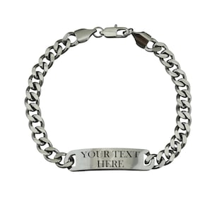 Custom Engraved Adult ID Bracelet - 6mm thick, 8&quot; Long Stainless Steel Curb Chain with 35mm Bar for Personalized Engraving