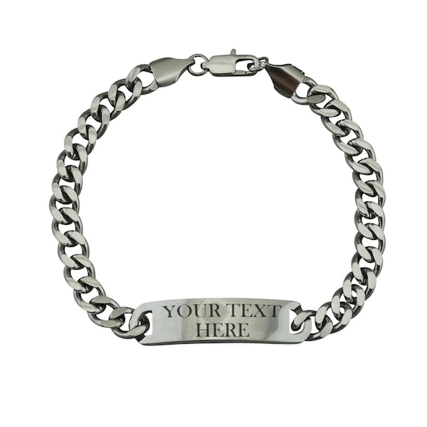 Men's Personalized 8" Curb Chain ID Bracelet - Stainless Steel - Engraved Custom Medical Name Text Identification Quote