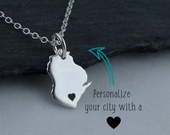Personalized Wisconsin State Charm Necklace with Engraved Heart Near Your City - 925 Sterling Silver