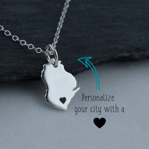 Personalized Wisconsin State Charm Necklace with Engraved Heart Near Your City - 925 Sterling Silver