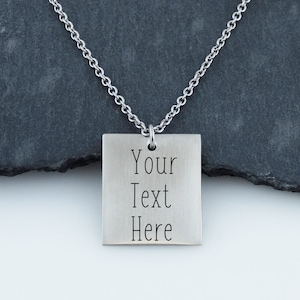 Custom Engraved Stainless Steel Square Pendant Necklace - Personalization Included Text Handwriting Drawing