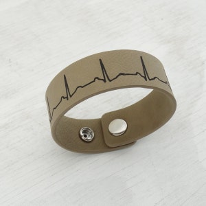 Custom Engraved EKG ECG Bracelet - 9.5" x 1" Adjustable Tan Faux Leather Cuff with Personalized Heartbeat Image