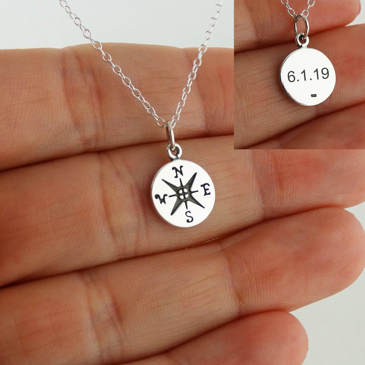 Custom Engraved Compass Charm Necklace 