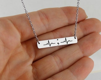 My Story Isn't Over Semi Colon Heartbeat Bar Necklace - Stainless Steel - Mental Illness Strength Fighter