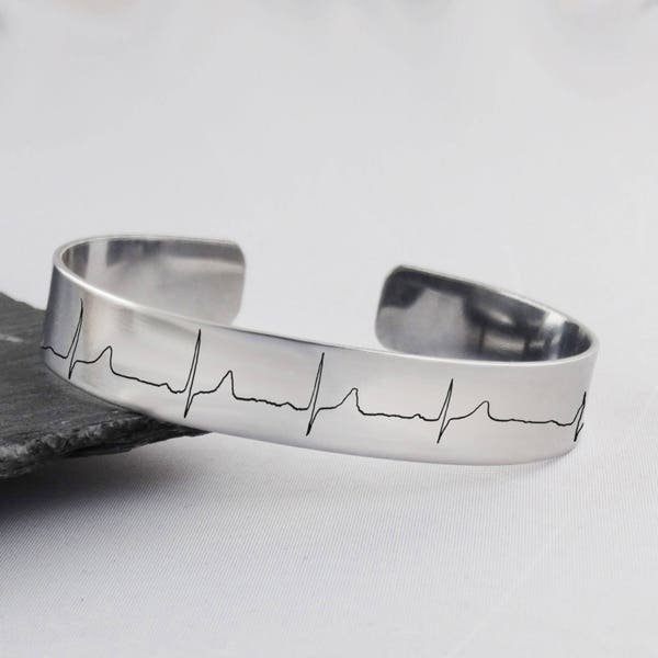 EKG Heartbeat Cuff Bracelet - Stainless Steel - 1/2" Wide Engraved Heart Beat Actual File Personalized Custom