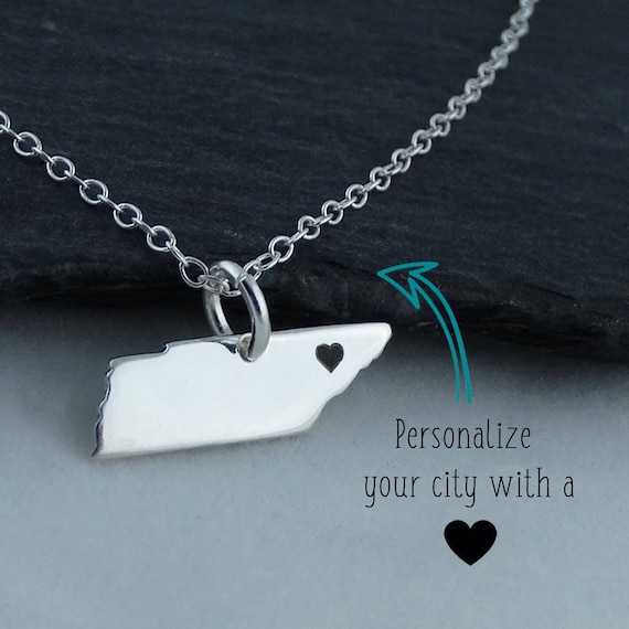 Silver Tennessee Necklace,TN State Shaped Necklace,Tennessee State Charm Necklace,Tennessee Necklace With A Heart