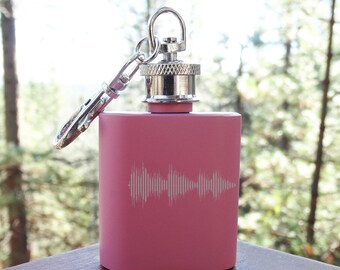Personalized Mini Keychain Flask with Engraved Custom Sound Wave - 1oz Matte Pink Stainless Steel
