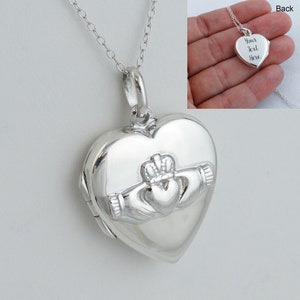 Engraved Claddagh Heart Locket Necklace -925 Sterling Silver- 2 Photo Personalized With Your Custom Text - 18" Sterling Chain