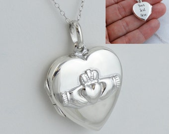 Engraved Claddagh Heart Locket Necklace -925 Sterling Silver- 2 Photo Personalized With Your Custom Text - 18" Sterling Chain