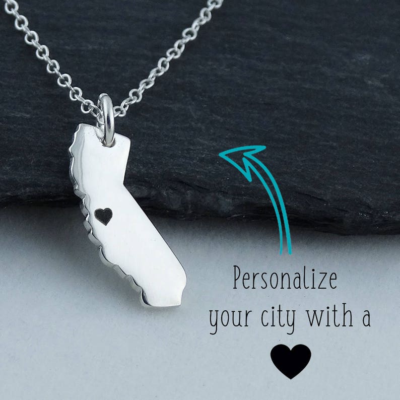 Personalized California State Charm Necklace with Engraved Heart Near Your City - 925 Sterling Silver image 1