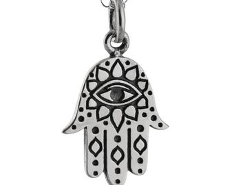 Sterling Silver Hamsa with Eye Charm Pendant Necklace: Personalized Initial or Date Engraved Charm