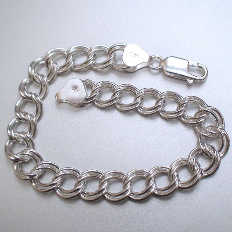 6.9mm wide 7 or 8 Sterling Silver Double Link Charm Bracelet Lobster Claw Clasp