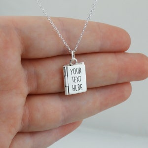 Engraved Book Locket Necklace 925 Sterling Silver Personalized Custom Text, Favorite Book or Saying 18 Sterling Chain image 1