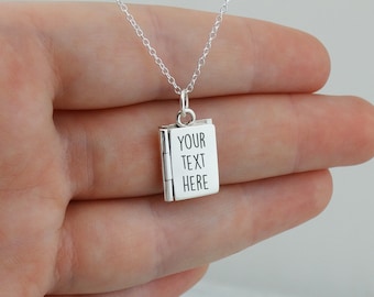 Engraved Book Locket Necklace - 925 Sterling Silver- Personalized Custom Text, Favorite Book or Saying - 18" Sterling Chain