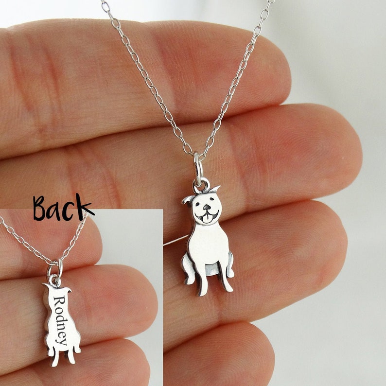 Personalized Pit Bull Necklace 925 Sterling Silver Engraved Custom Dog Name, Initials, Dates 18 Chain image 1