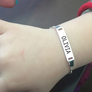 Custom Engraved Children&#39;s ID Sterling Silver Bracelet - 6&quot; Long Figaro Chain with 30mm Engravable Bar for Name or Medical Info
