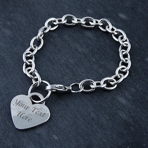 Custom Engraved Heart Charm Bracelet - Stainless Steel, Adjustable up to 7.5" - Personalized with Name, Date, EKG, Handwriting, Audio File