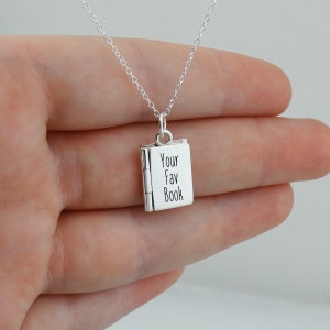Engraved Book Locket Necklace 925 Sterling Silver Personalized Custom Text, Favorite Book or Saying 18 Sterling Chain image 5