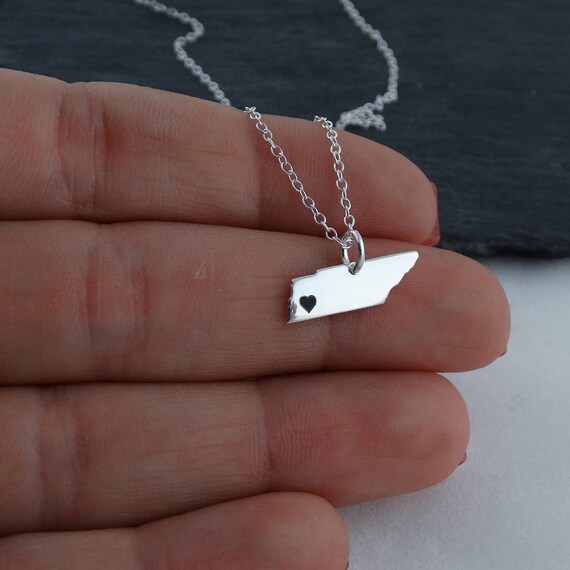 Silver Tennessee Necklace,TN State Shaped Necklace,Tennessee State Charm Necklace,Tennessee Necklace With A Heart