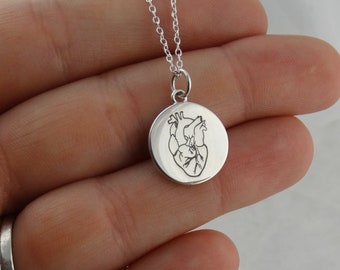 Anatomical Heart Charm Necklace - 925 Sterling Silver - Engraved Round Pendant with 18" Chain