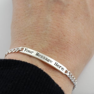Custom Engraved Adult ID Bracelet - 4.8mm thick, 8&quot; Long Sterling Silver Curb Chain with 32mm Bar for Personalized Engraving