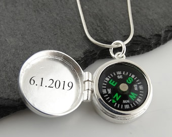 Engraved Working Compass Locket Necklace - 925 Sterling Silver - Pendant Graduation Gift - Personalized Custom Text Name Initial Date