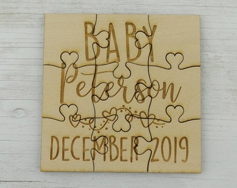 Personalized Pregnancy Announcement Puzzle - Basswood Lasered Jigsaw Puzzle - Put Together Surprise Baby Name with Due Date