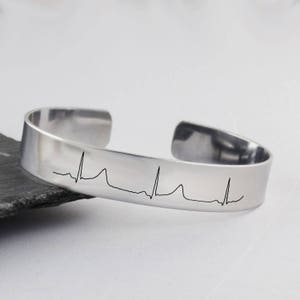 EKG Heartbeat Cuff Bracelet Stainless Steel 1/2 Wide Engraved Heart Beat Actual File Personalized Custom image 2