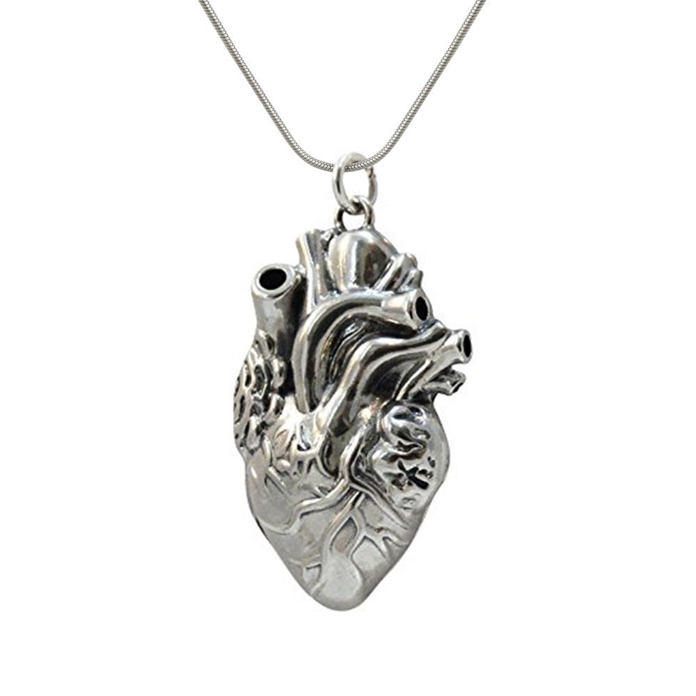 Personalized Anatomical Heart Locket Necklace - 32mm x 20mm Sterling Silver Locket with Custom Engraving, 18" Chain