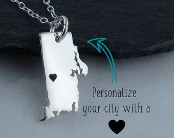 Personalized Rhode Island State Charm Necklace with Engraved Heart Near Your City - 925 Sterling Silver