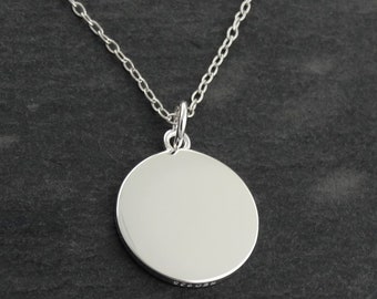 Custom Engraved 925 Sterling Silver 15mm Round Charm Necklace - Personalization Included Text Handwriting Drawing